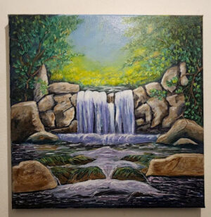 Painting of a lucious waterfall surrounded by rocks