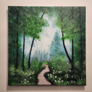 Vivid green hues light the path in this acrylic painting